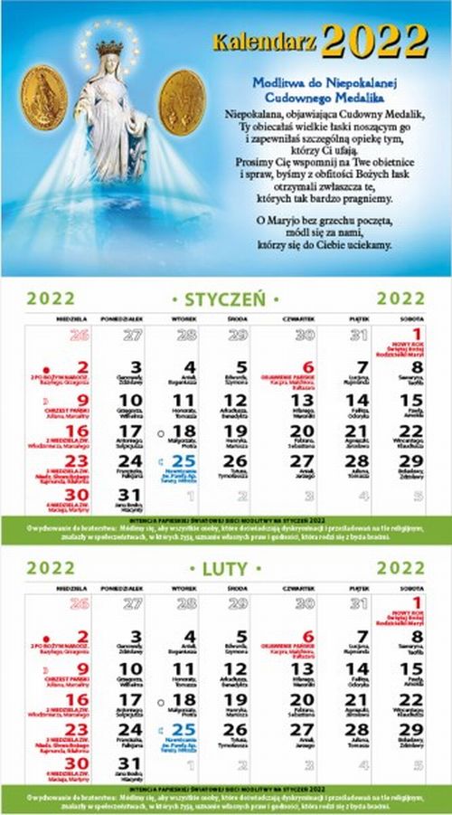 Kalendarz 2022 ścienny dwudzielny, zrywany Matka Boża